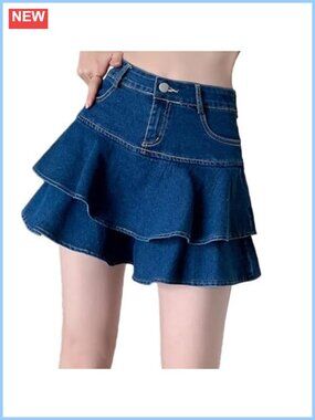 Cotton Blend Denim Mini Skirt Ruffled A-Line Pleated Jean Short Skirt